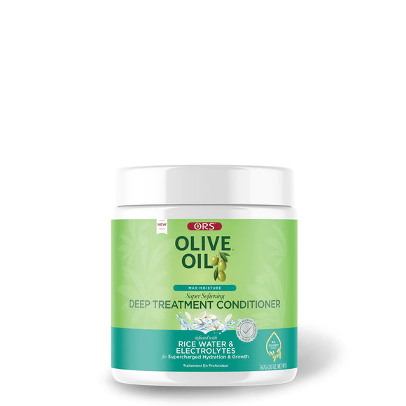 OLIVE OIL MAX MOISTURE SUPER SOFTENING DEEP TREATMENT CONDITIONER INFUSED WITH RICE WATER & ELECTROLYTES